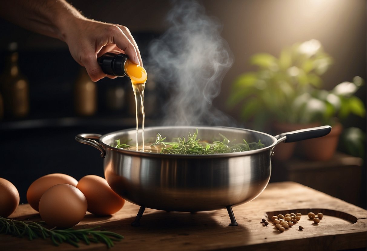 A pot of boiling water with eggs being gently lowered in. Ingredients like soy sauce, star anise, and ginger nearby