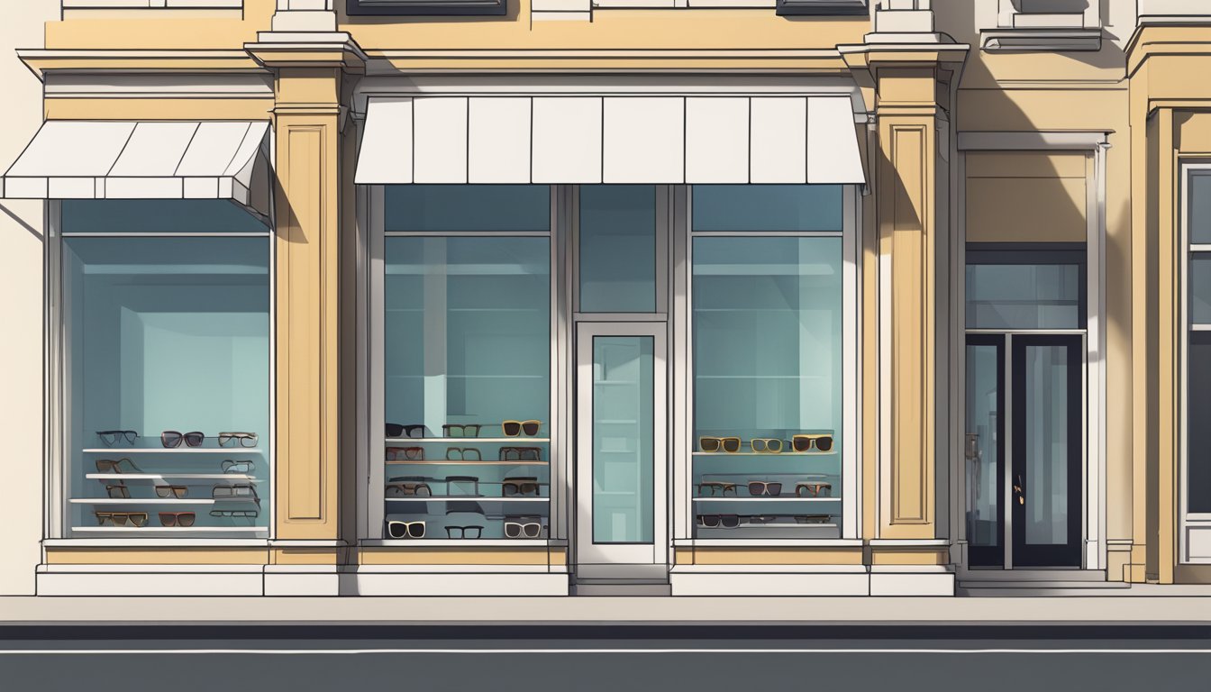 A sleek, minimalist storefront with clean lines and large windows showcasing stylish eyewear designs in a variety of frames and colors