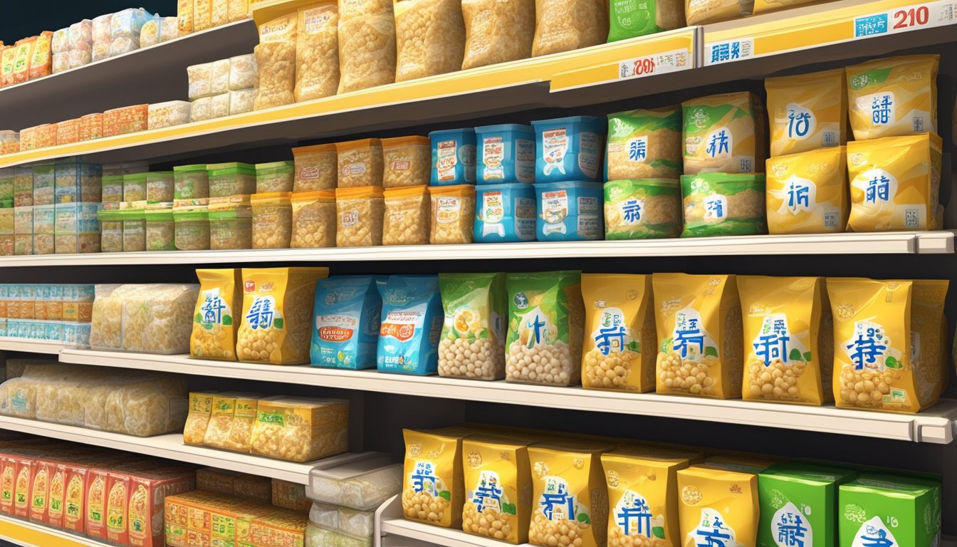 A display of natto packages on a shelf in a Japanese grocery store in Singapore. Brightly lit and neatly organized