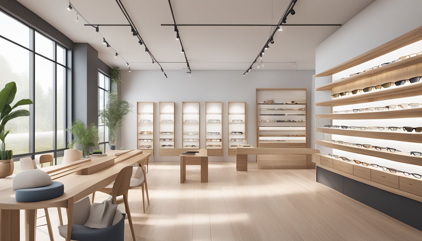 A sleek, minimalist eyewear shop with clean lines and natural materials, showcasing the latest Scandinavian designs