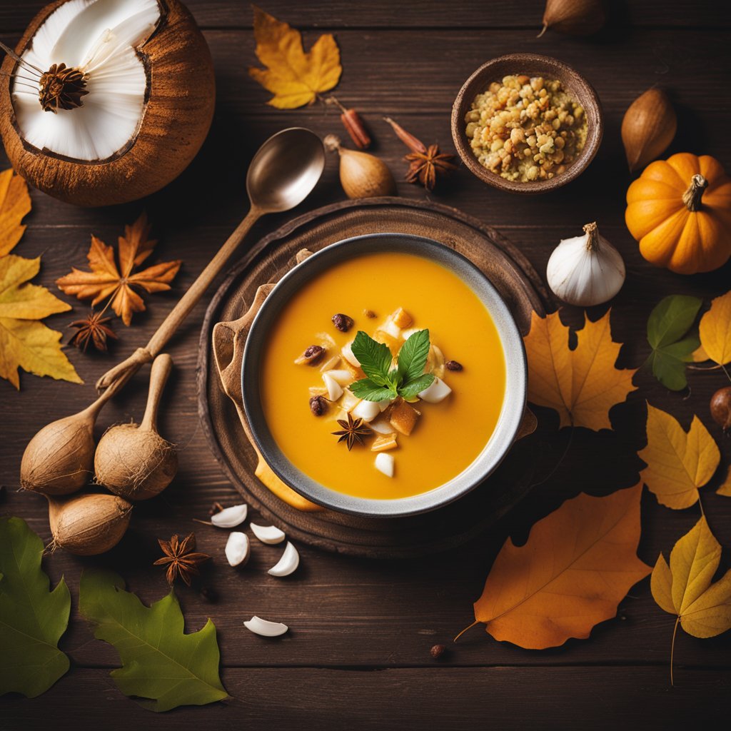 A steaming pot of coconut curry pumpkin soup sits on a rustic wooden table, surrounded by vibrant autumn leaves and a scattering of whole spices