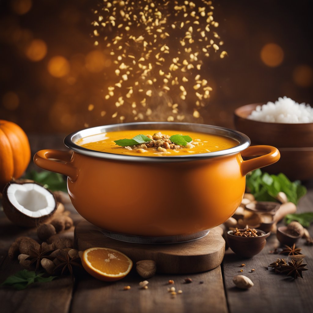 A simmering pot of coconut curry pumpkin soup with vibrant orange color, steam rising, and fragrant spices floating in the air