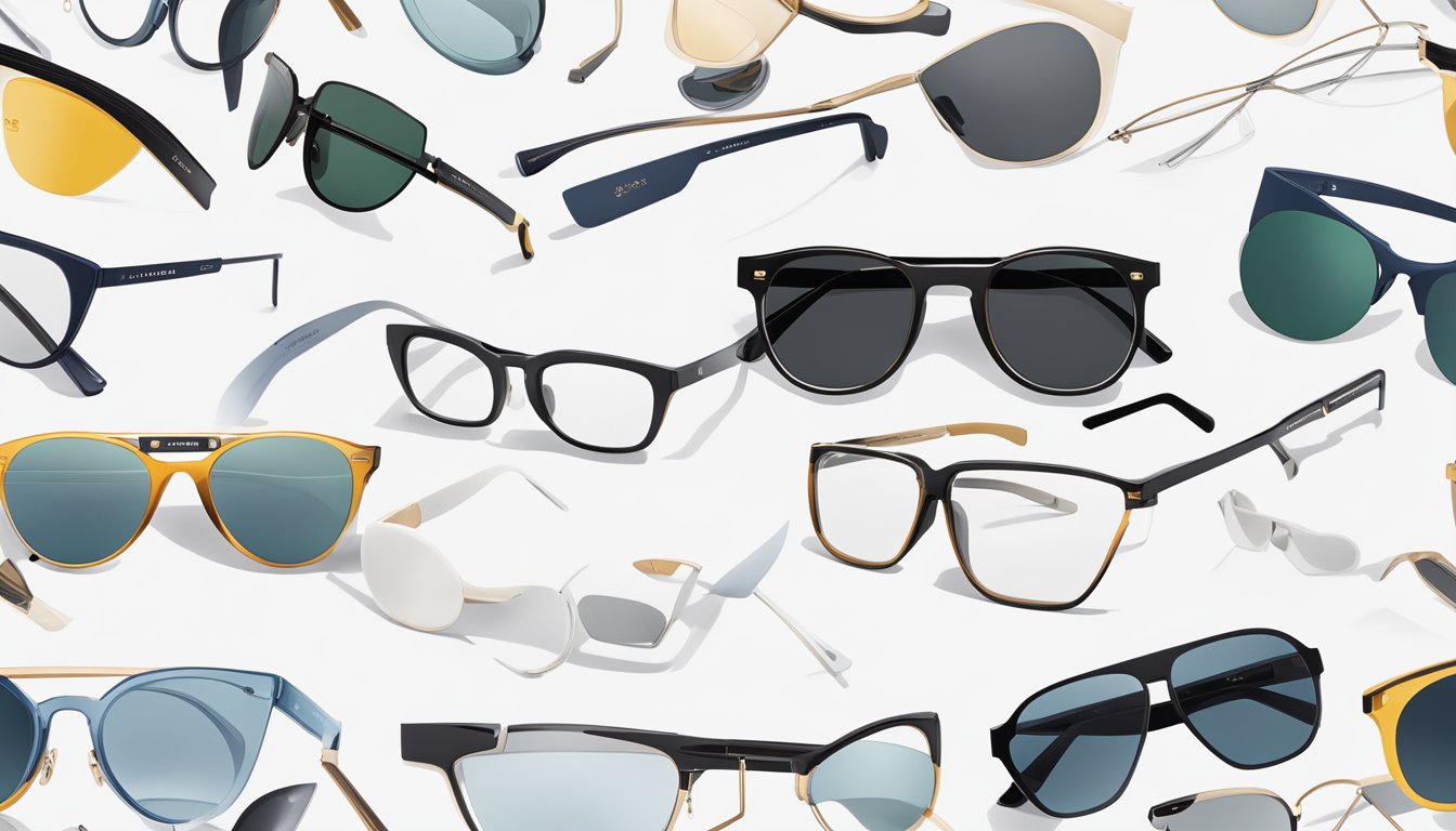 A sleek display of top Scandinavian eyewear brands on a minimalist white backdrop, featuring clean lines and modern designs