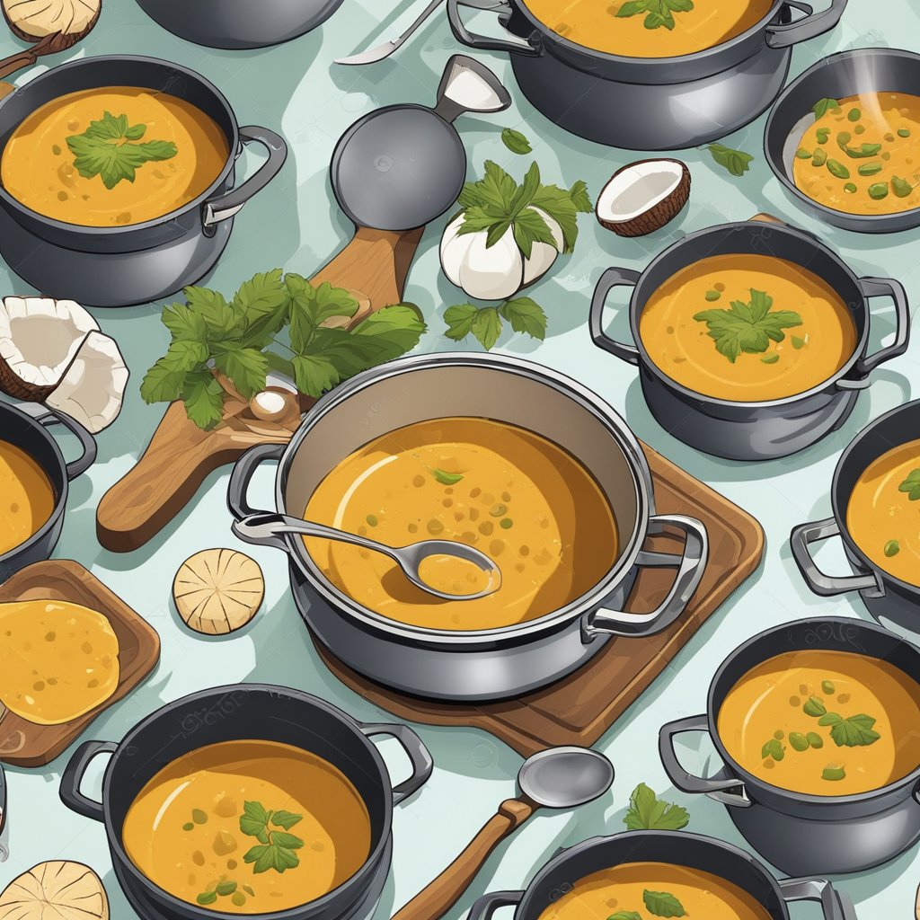 A pot simmering on the stove, a ladle stirring coconut curry pumpkin soup, surrounded by kitchen tools like a cutting board, knife, and measuring cups
