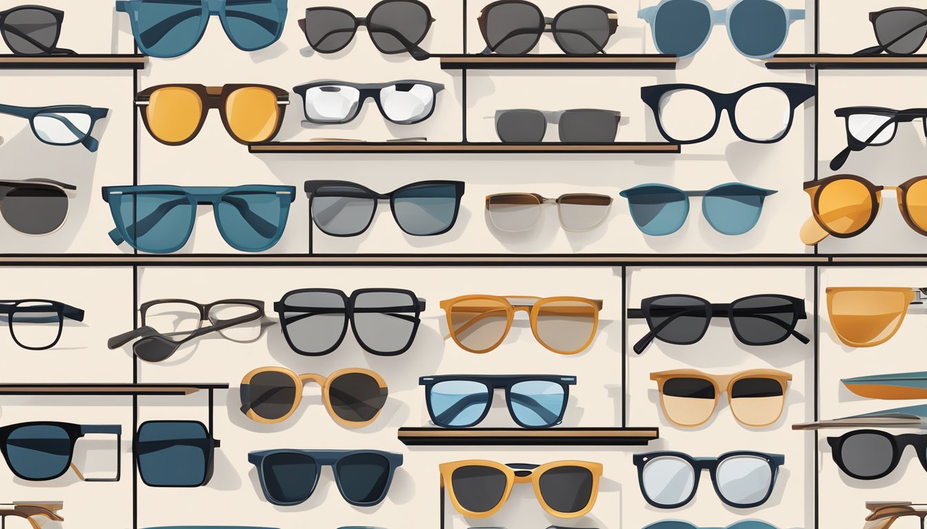 A display of trendy eyewear from Scandinavian brands, arranged neatly on minimalist shelves with clean lines and a modern aesthetic