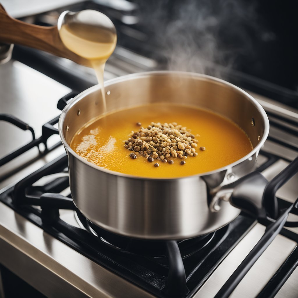 A pot simmering on a stove with coconut milk, pumpkin, and curry spices. Steam rising as ingredients are stirred together
