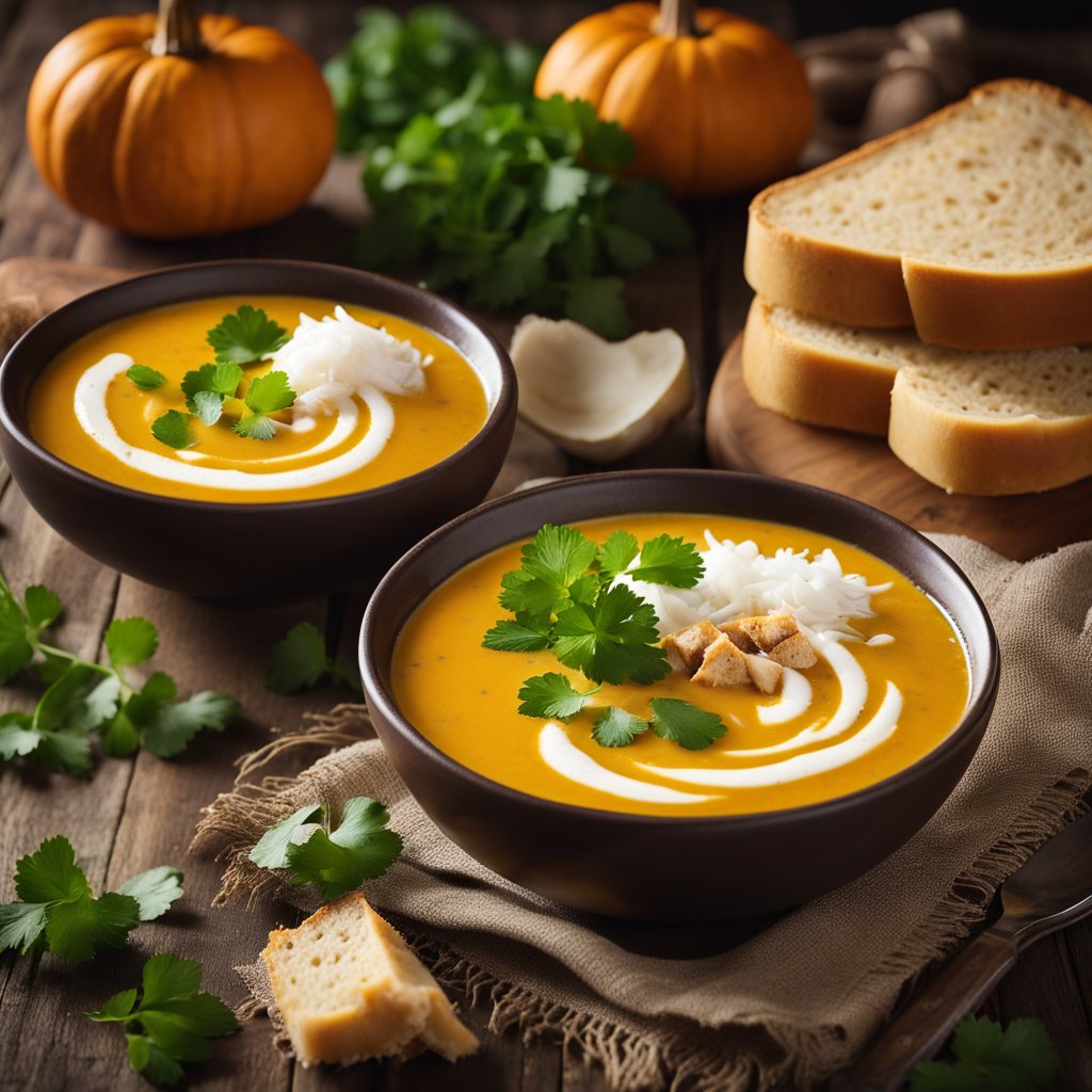 A steaming bowl of coconut curry pumpkin soup garnished with fresh cilantro and a swirl of coconut milk, accompanied by a slice of crusty bread on a rustic wooden table