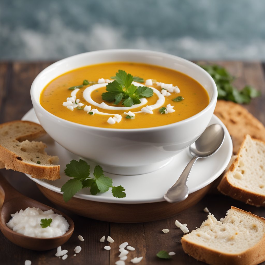 A steaming bowl of coconut curry pumpkin soup with a sprinkle of cilantro and a swirl of coconut cream on top, served alongside a slice of crusty bread