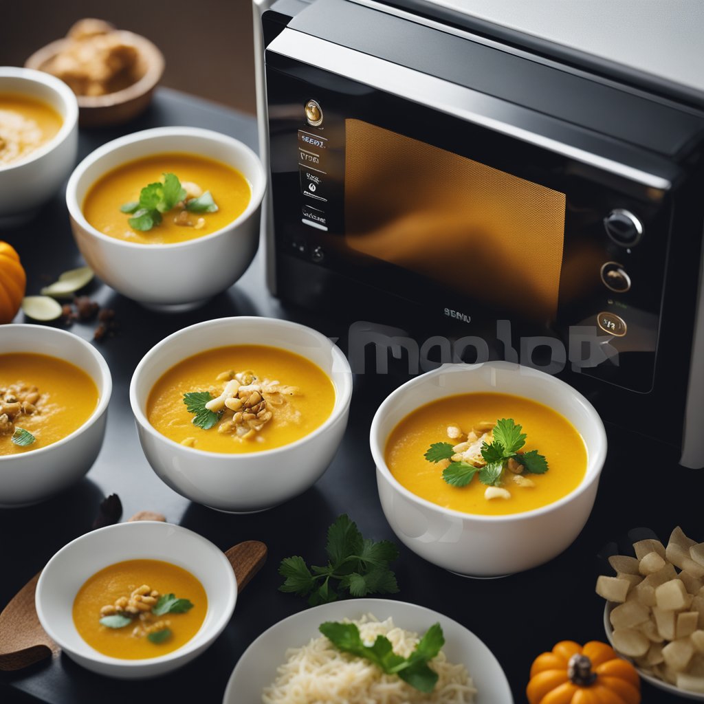 A pot of coconut curry pumpkin soup sits on a stove. A bowl of soup is being reheated in a microwave. Garnishes and spices are arranged nearby