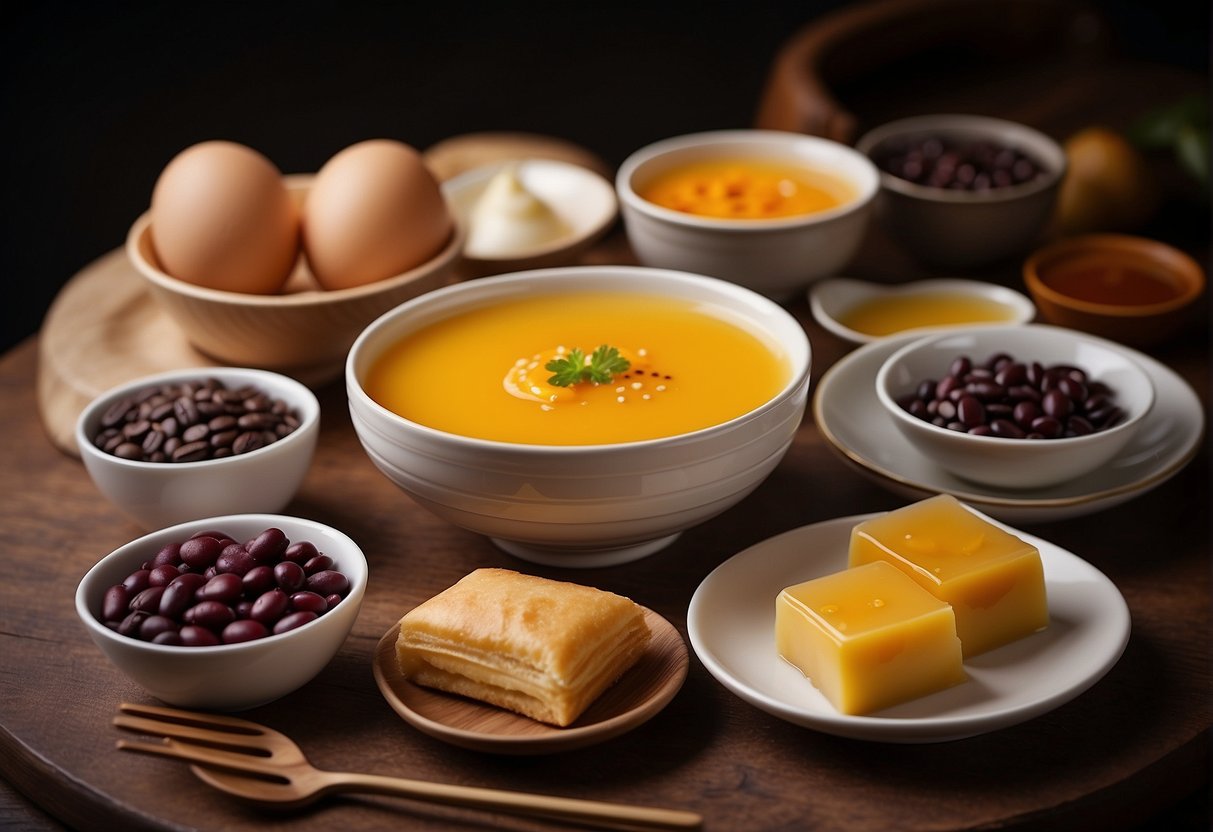 A table set with various Chinese desserts, including mango pudding, red bean soup, and egg tarts. Ingredients and utensils are neatly arranged nearby
