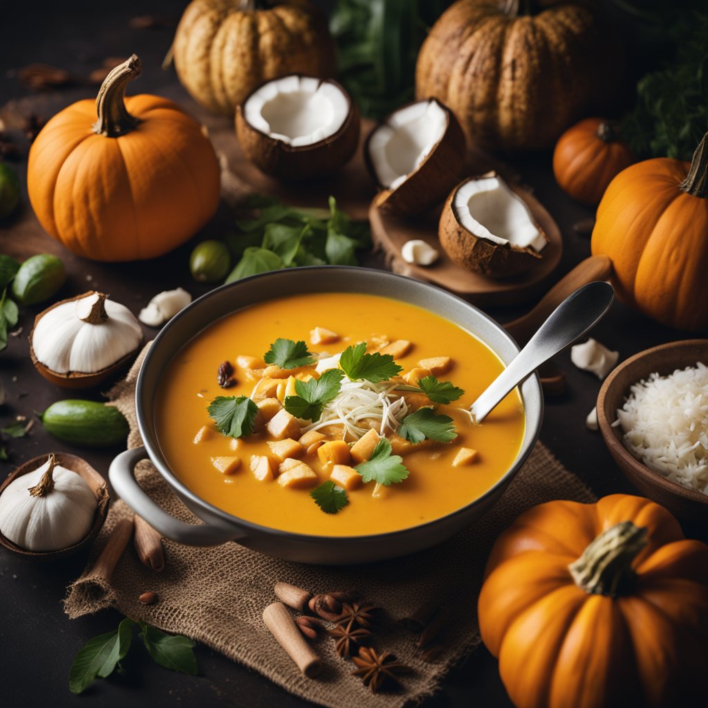 A steaming pot of coconut curry pumpkin soup with a ladle resting on the side, surrounded by fresh ingredients like pumpkins, coconuts, and spices