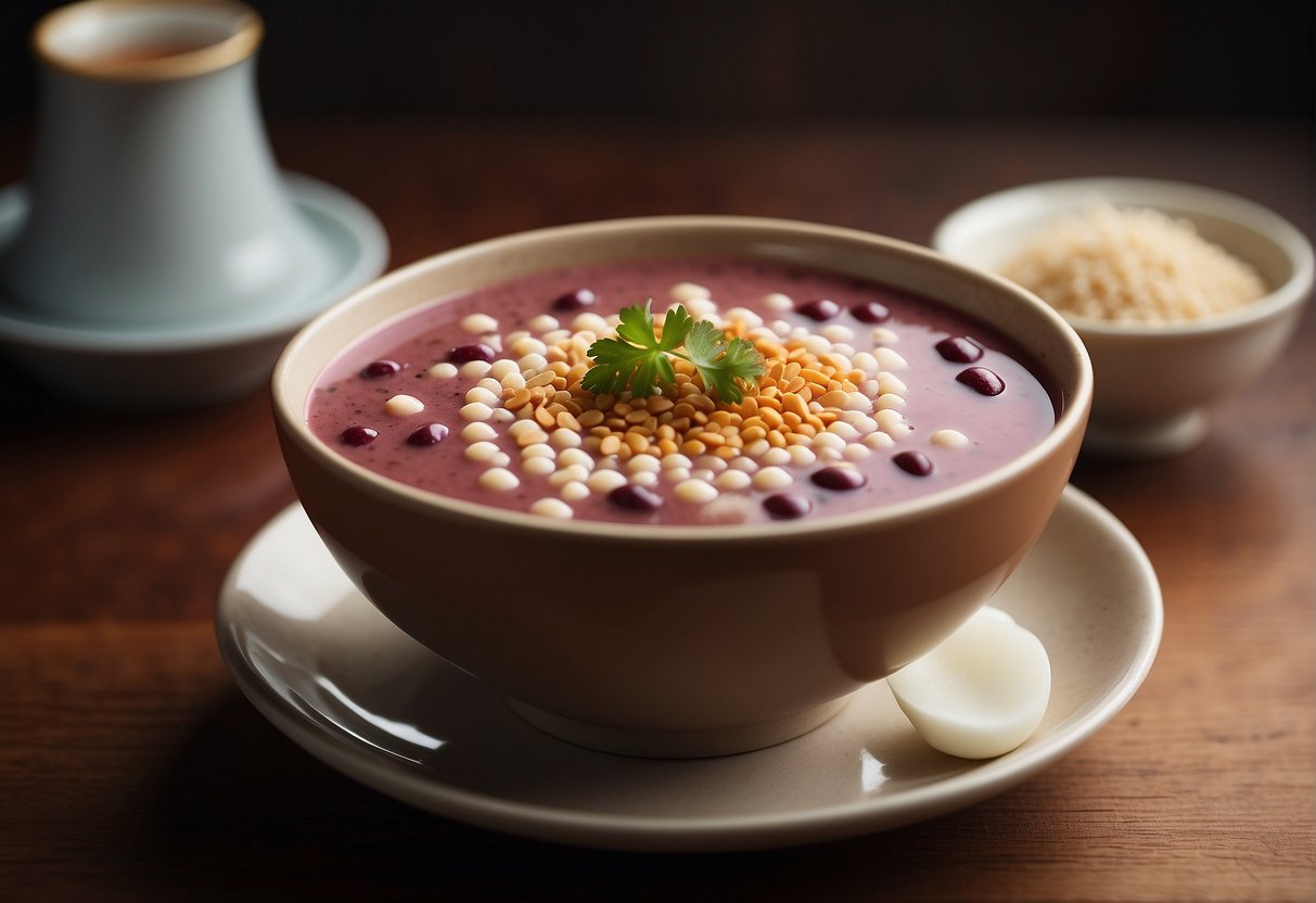 A bowl of sweet red bean soup topped with tangyuan and a sprinkle of sesame seeds sits on a wooden table