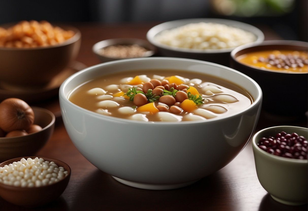 A table displays bowls of sweet soup, with ingredients like red bean, lotus seeds, and tapioca pearls. A pot simmers on a stove