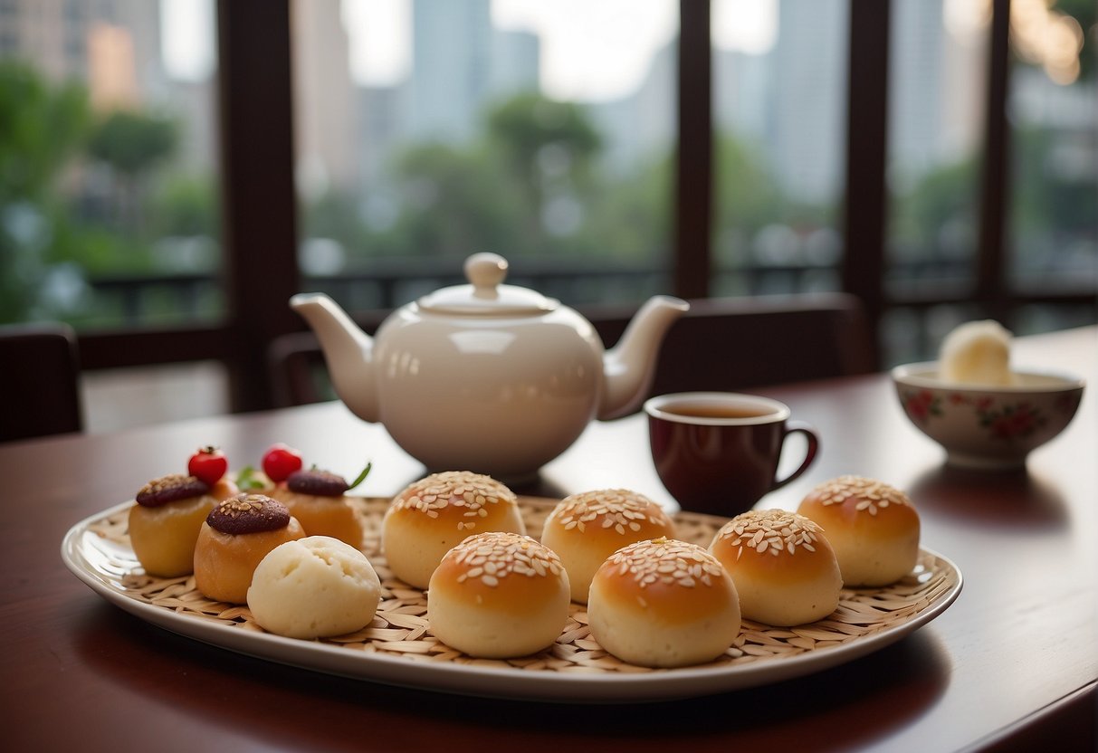 A table set with traditional Chinese desserts, including red bean buns, sesame balls, and almond jelly. Teapot and cups nearby