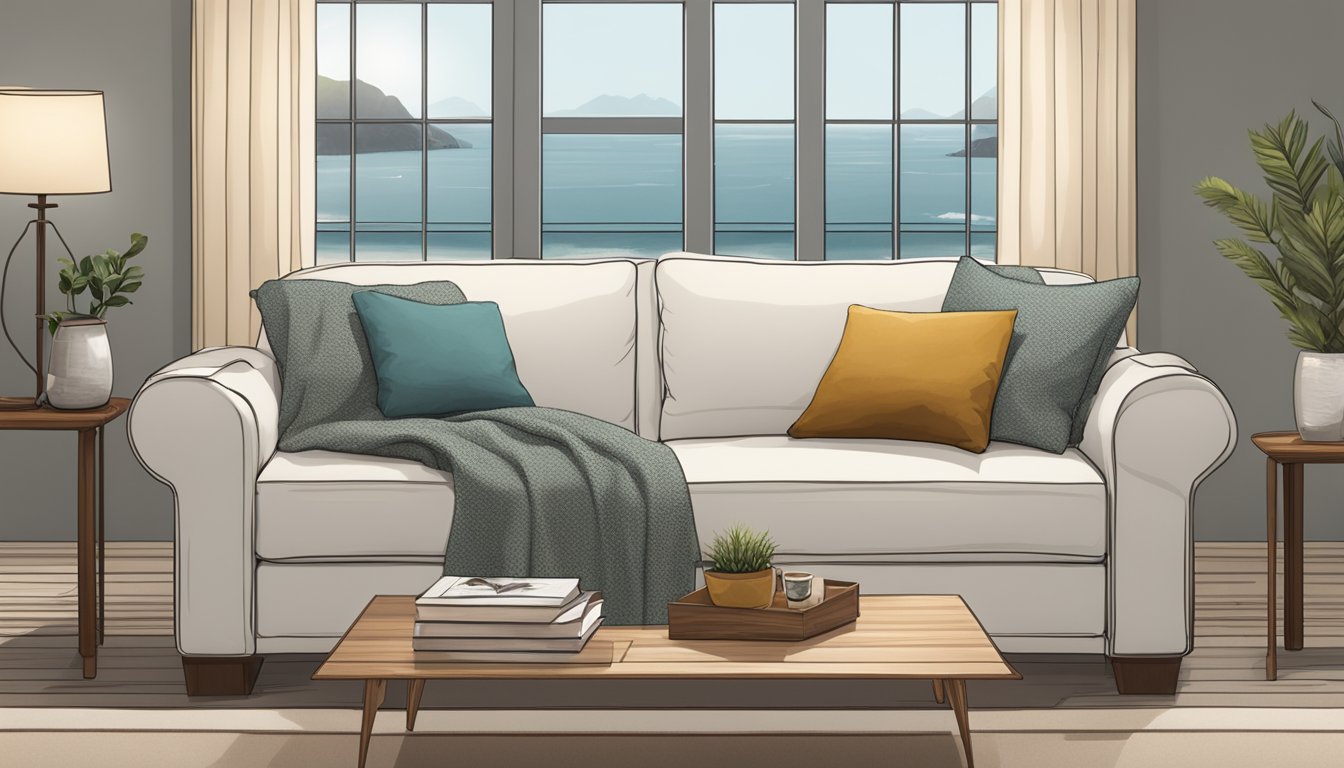 A cozy living room with a Seahorse Brand Sofa Bed as the focal point, surrounded by soft pillows and a warm throw blanket