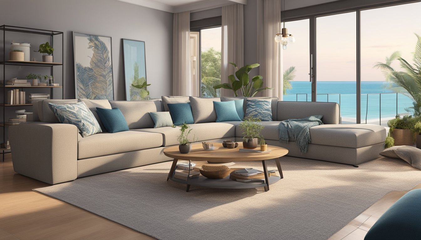 A cozy living room with a stylish seahorse brand sofa bed as the focal point, showcasing its unrivalled comfort and durability