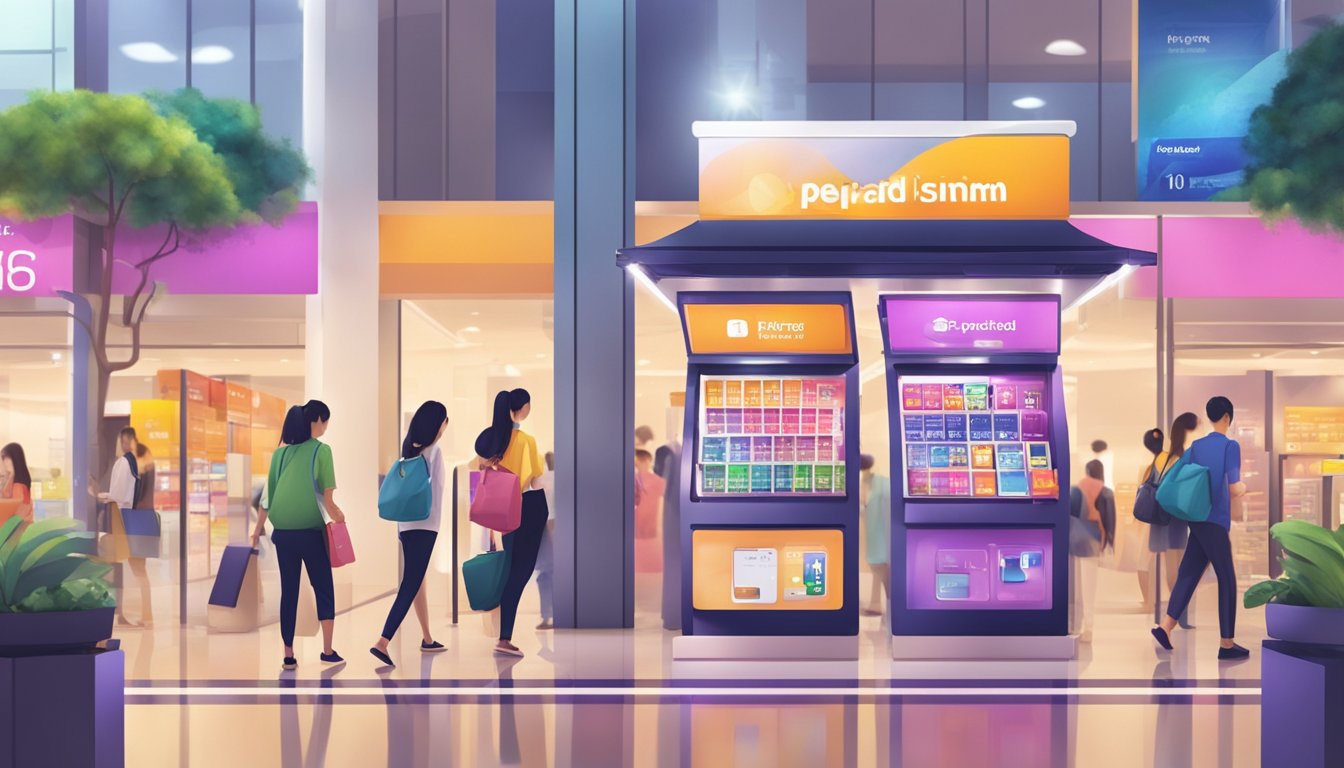 A small kiosk with colorful signage selling prepaid SIM cards in a bustling Singapore shopping mall