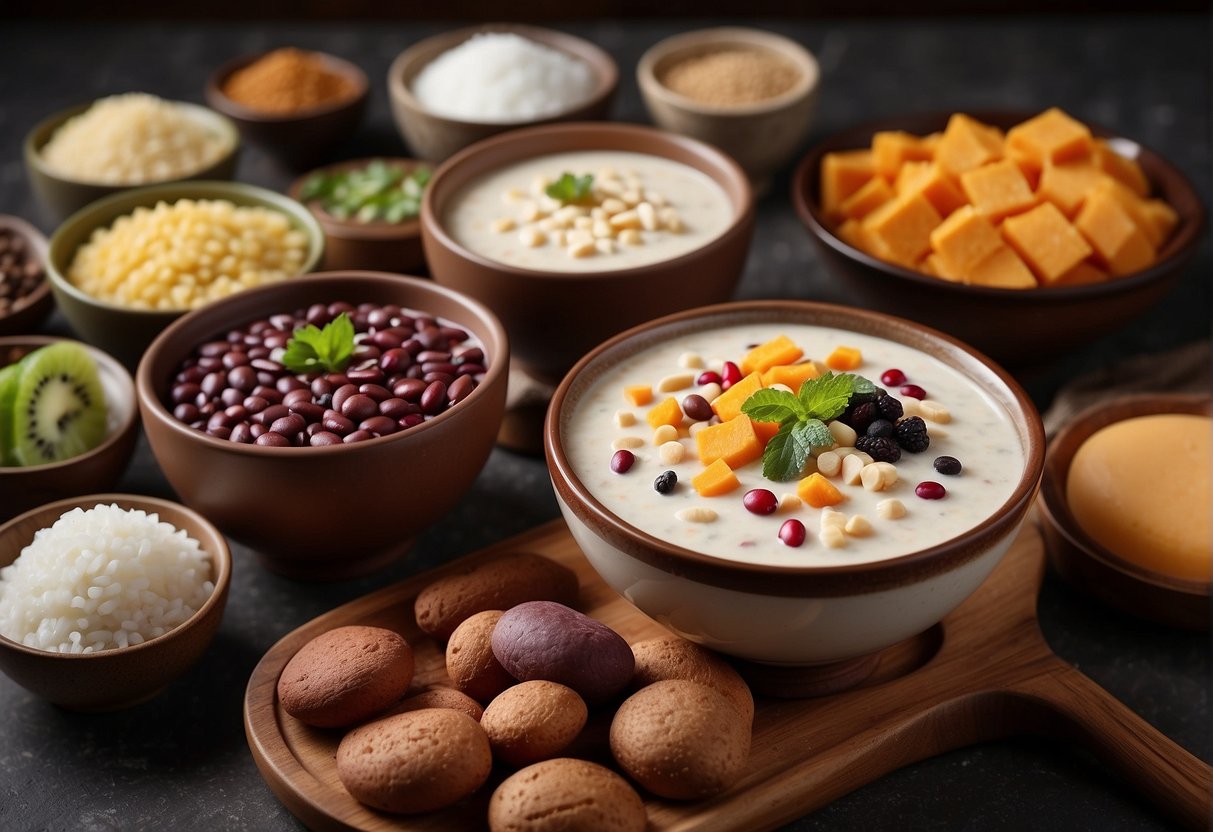 A table with various bowls of sweet dessert soups, including red bean, lotus seed, and tapioca, surrounded by colorful ingredients like coconut milk, taro, and sweet potatoes