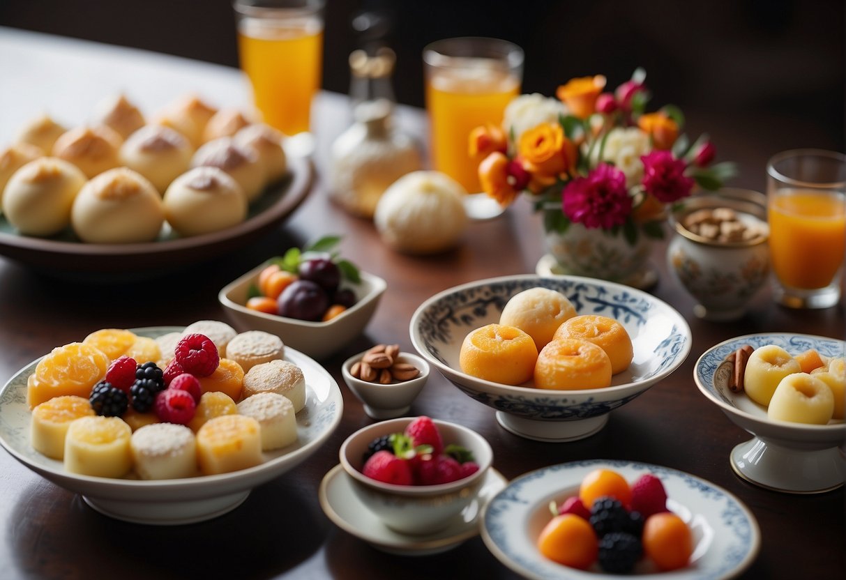 A table set with modern and traditional Chinese desserts, featuring vibrant colors and innovative presentations