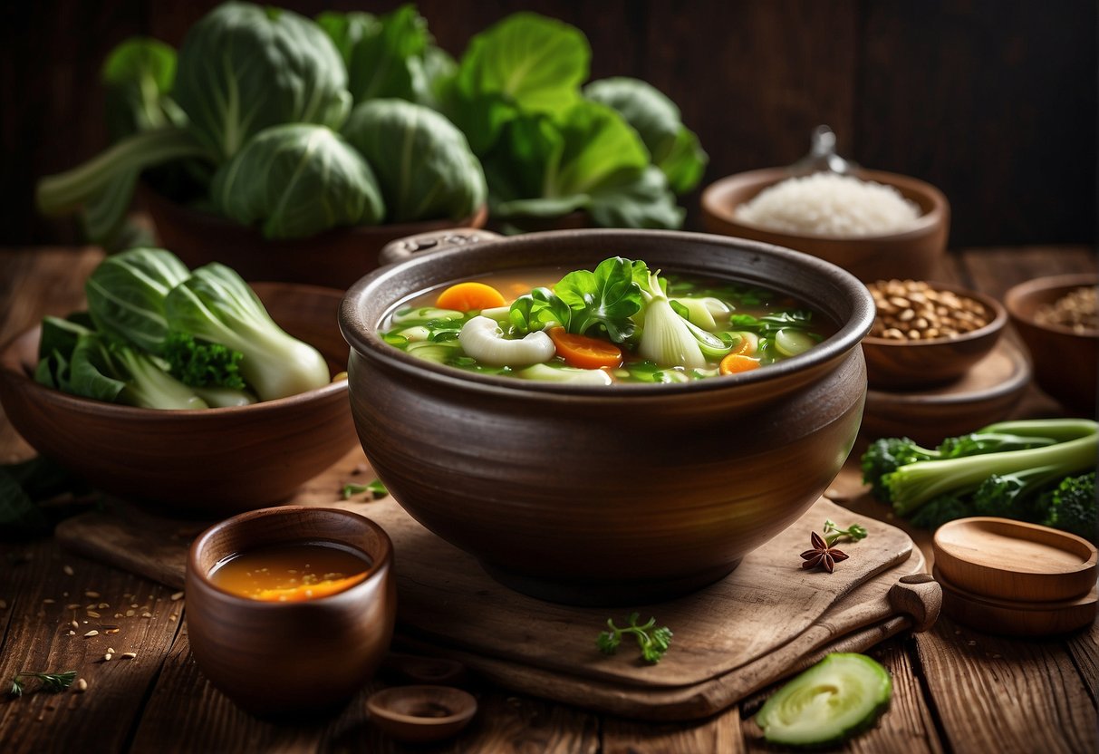 A pot of bubbling bok choy soup surrounded by fresh vegetables, herbs, and spices on a rustic wooden table