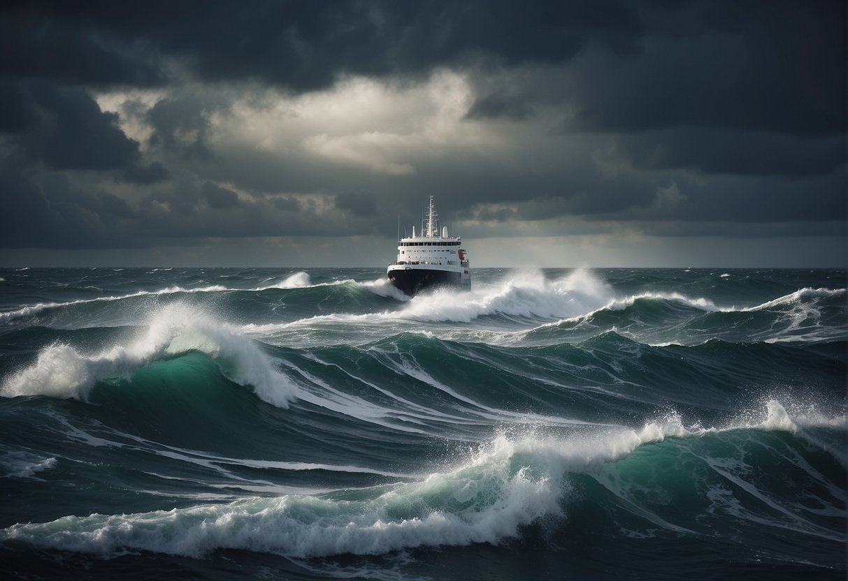 A turbulent sea with a stormy sky, a ship navigating through choppy waters, representing the challenges of portfolio management in volatile markets