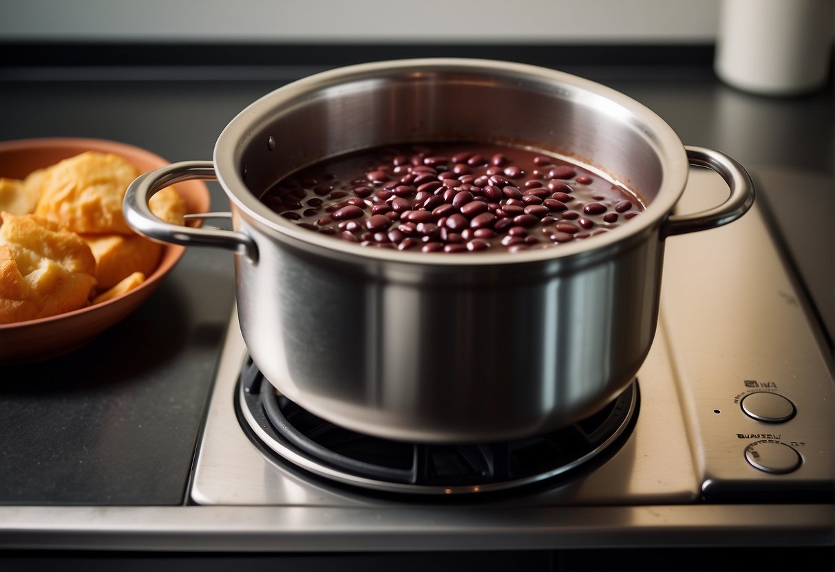 A pot of sweet red bean soup simmers on a stovetop. Ingredients like red beans, sugar, and water are laid out on a kitchen counter