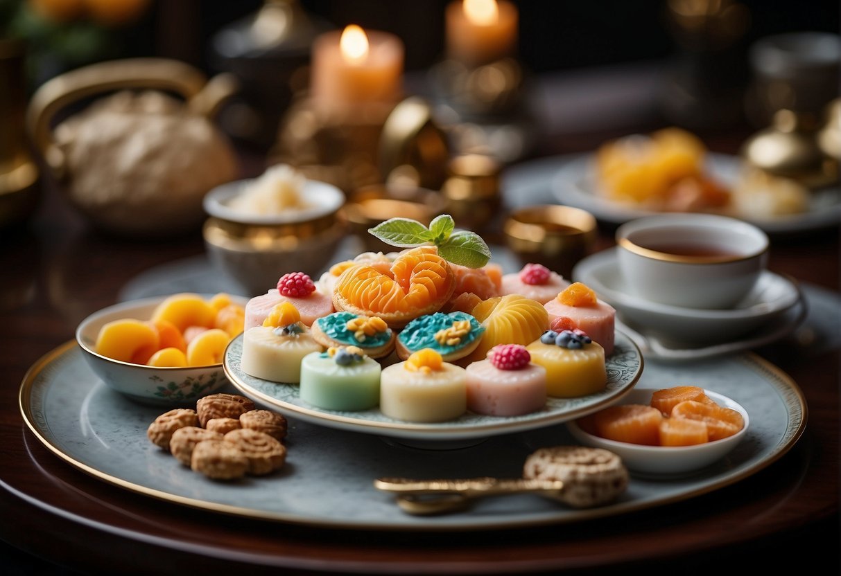 A beautifully arranged table with colorful and intricately designed Chinese desserts, presented on elegant serving dishes