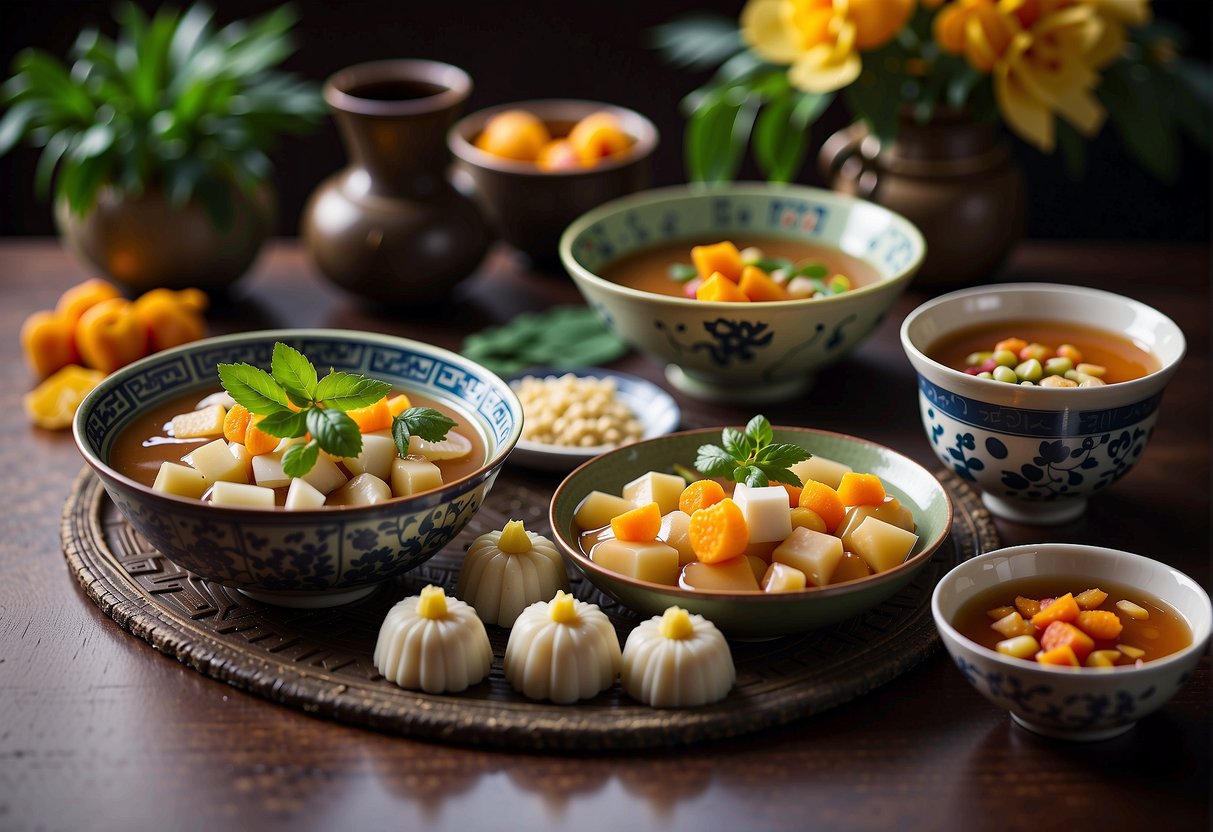 A table set with traditional Chinese dessert soup ingredients, surrounded by symbolic decorations for cultural occasions