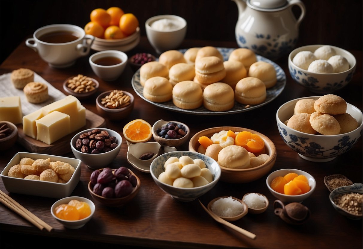 A table set with various Chinese desserts, ingredients, and cooking utensils. A recipe book open to a page titled "Getting Started with Chinese Desserts" sits nearby