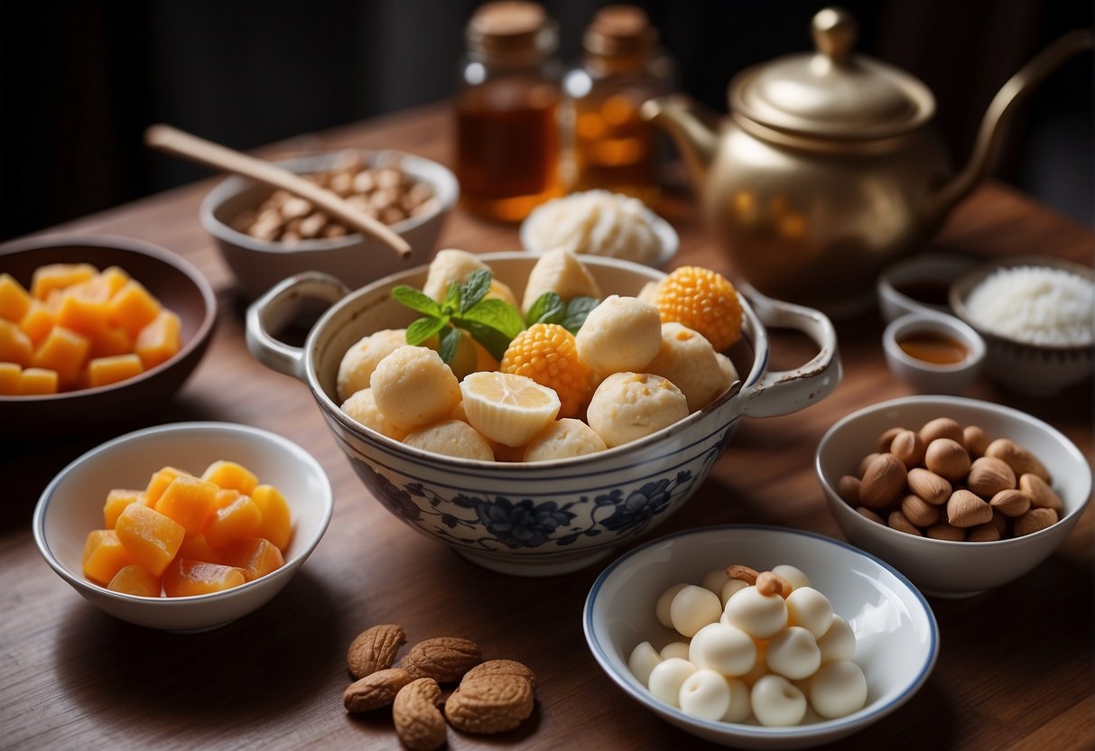 A table with various Chinese dessert ingredients and utensils, including a mixing bowl, measuring cups, and a recipe book open to "Frequently Asked Questions easy Chinese dessert recipes."