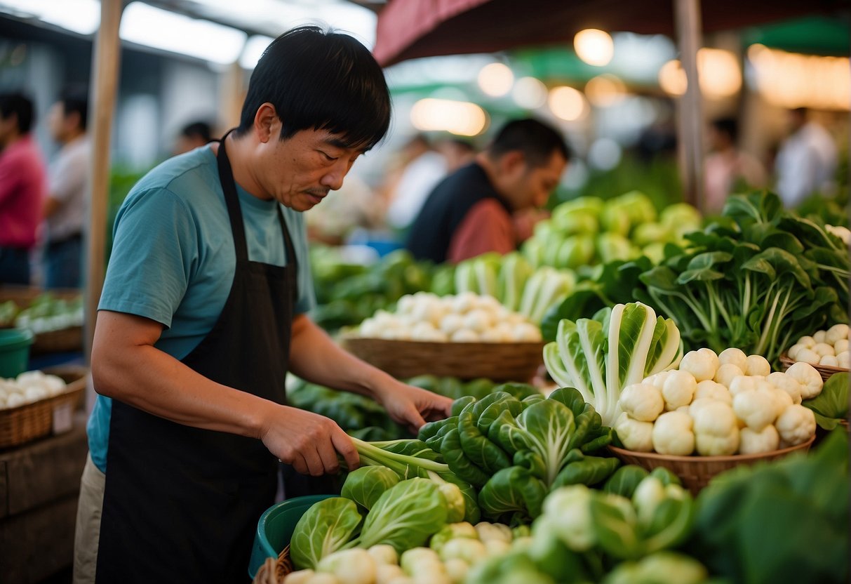 A person selecting fresh bok choy, ginger, and tofu from a vibrant market for a Chinese soup recipe