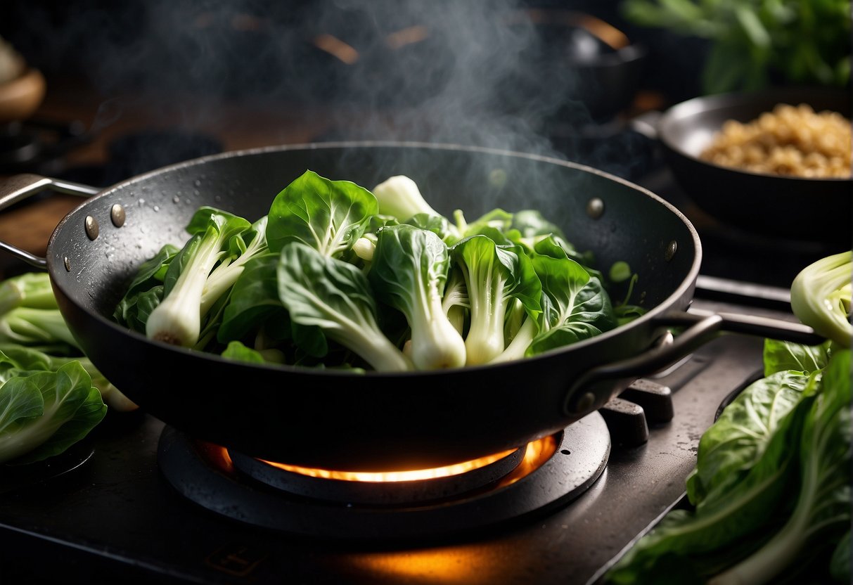 Fresh bok choy being stir-fried with garlic in a sizzling wok. Aromatic steam rises as the vibrant green leaves wilt