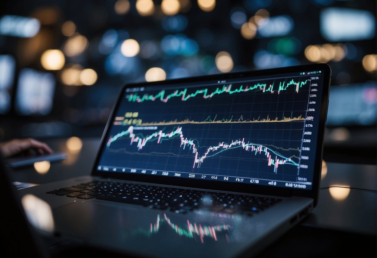 Market charts fluctuate wildly, with sharp peaks and troughs. Traders watch closely, adjusting their strategies to capitalize on rapid market movements