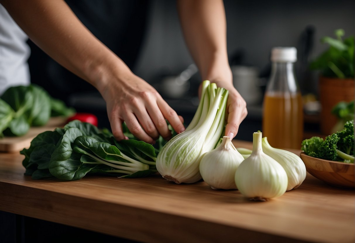 Hand reaching for fresh bok choy, garlic, and other ingredients on a kitchen counter