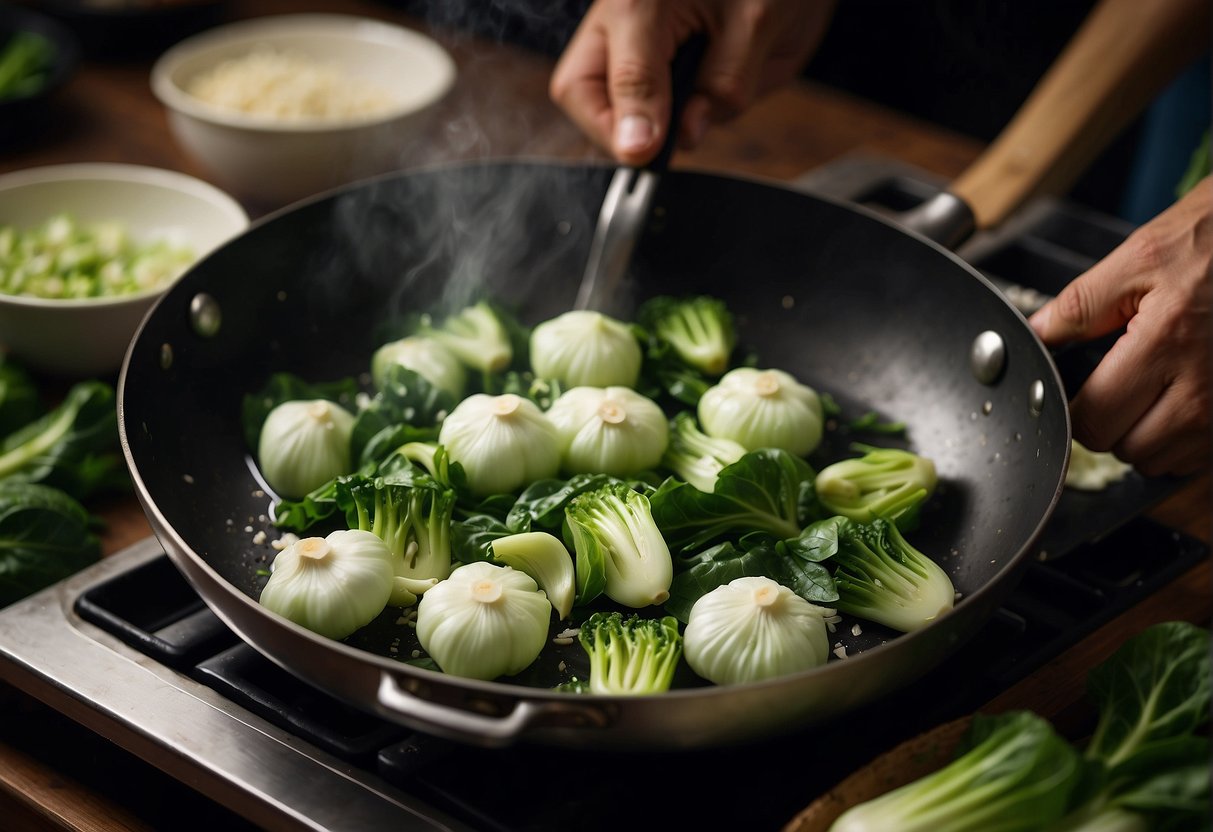 A chef minces garlic and slices bok choy, then sautés them in a hot pan. The aroma of the garlic fills the air as the bok choy becomes tender and vibrant green