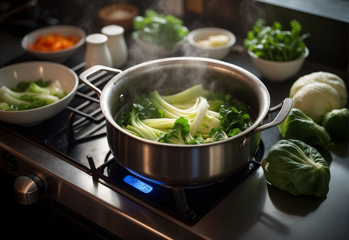 A pot simmers on the stove. Bok choy, ginger, and broth wait nearby. Ingredients are prepped for a Chinese bok choy soup