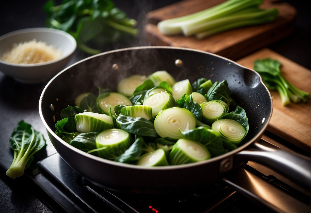 Bok choy being sautéed in a pan with garlic and oil