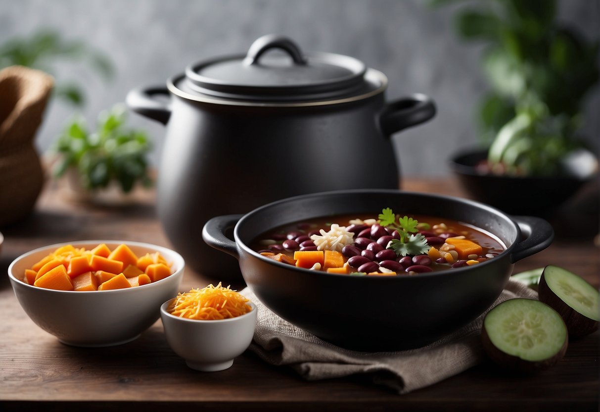 A table set with various ingredients like red beans, lotus seeds, and sweet potatoes. A pot simmering with fragrant soup, steaming and ready to serve