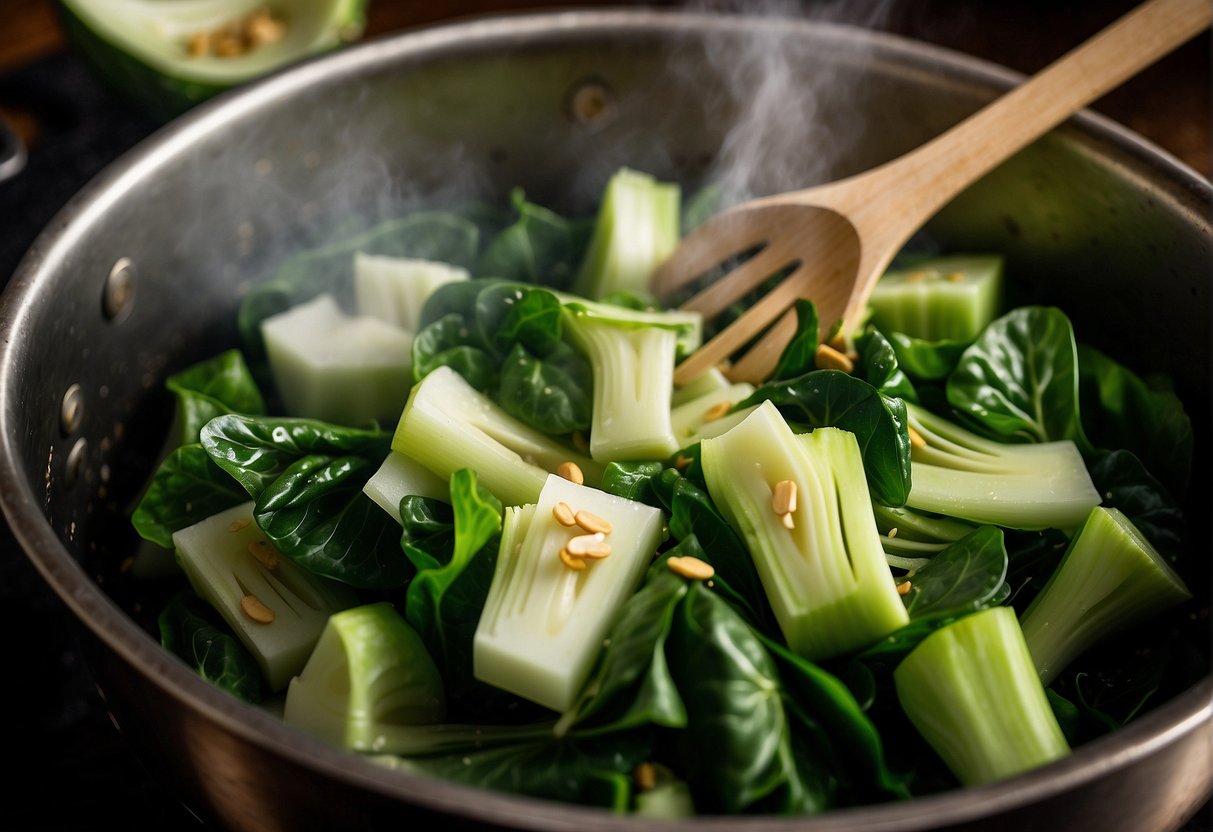 Bok choy being chopped, garlic sizzling in a pot, broth simmering, and adding soy sauce and sesame oil