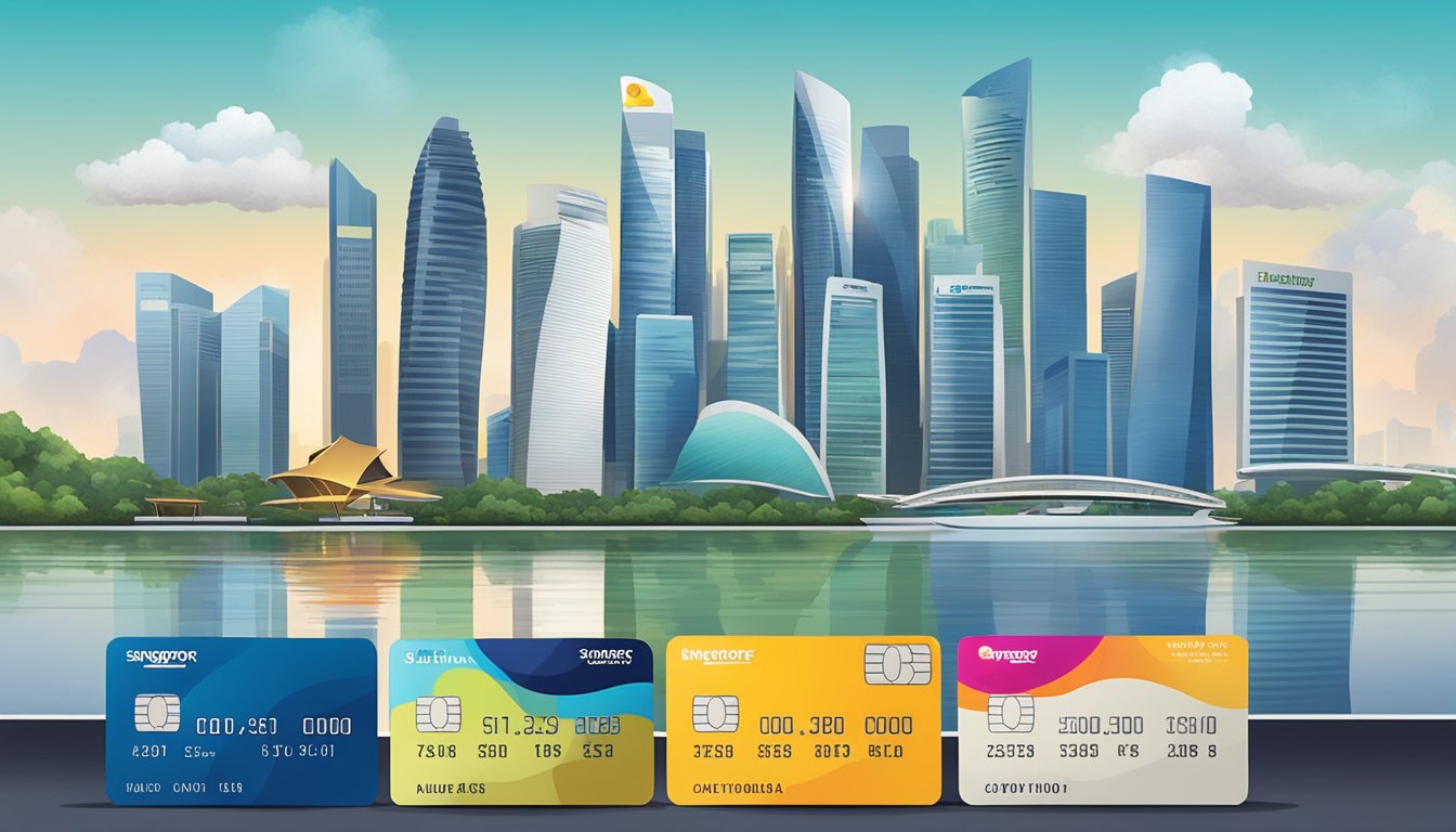 A table with various credit card designs, each labeled with their respective rewards and benefits, set against the backdrop of the Singapore skyline