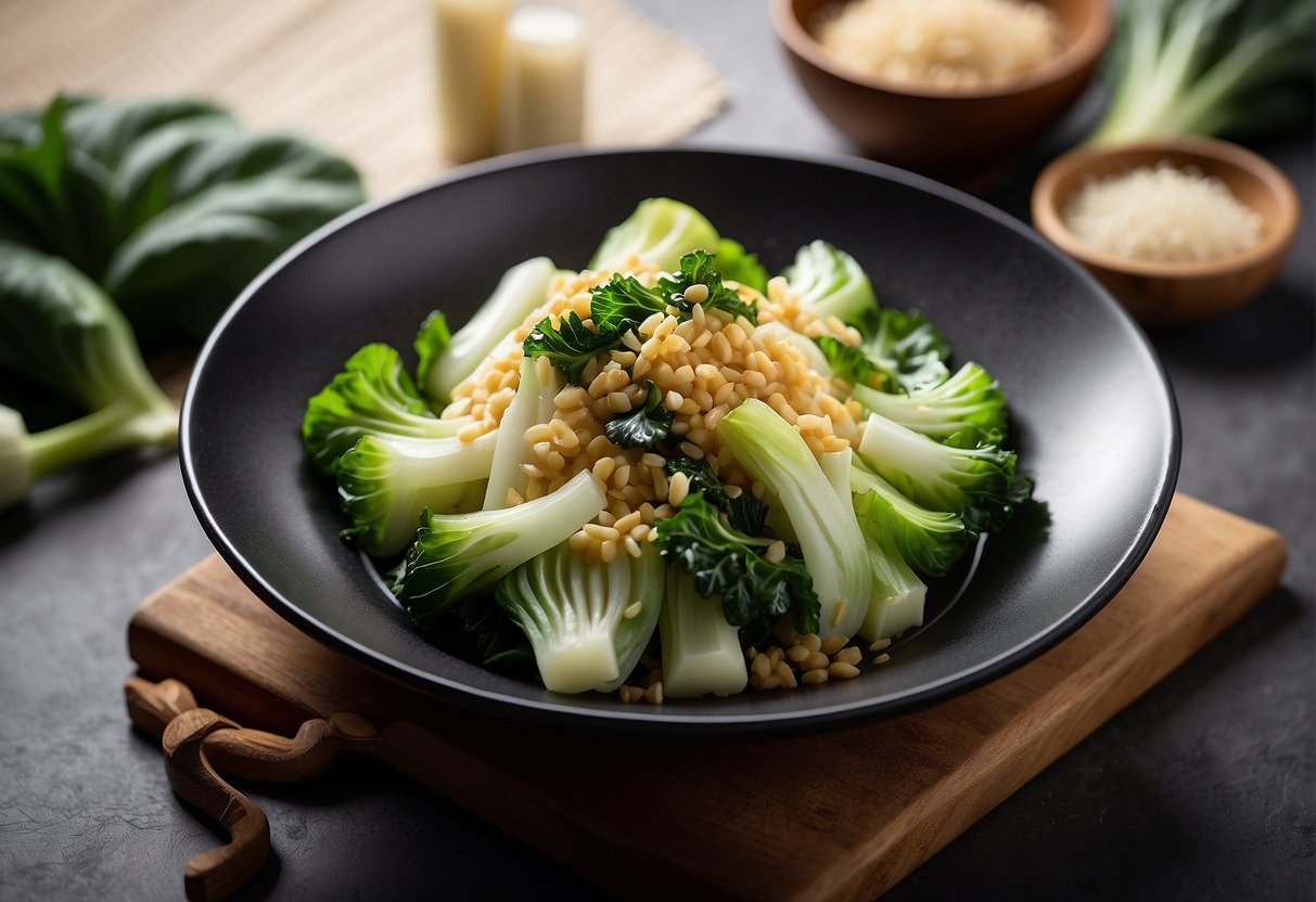 A plate of Chinese bok choy stir-fry with garlic, surrounded by a handwritten note with nutritional information