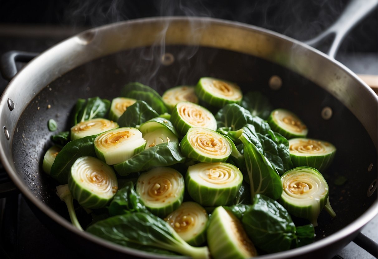 Bok choy being stir-fried with garlic in a sizzling hot wok, then neatly arranged in a serving dish with a lid, ready for storage