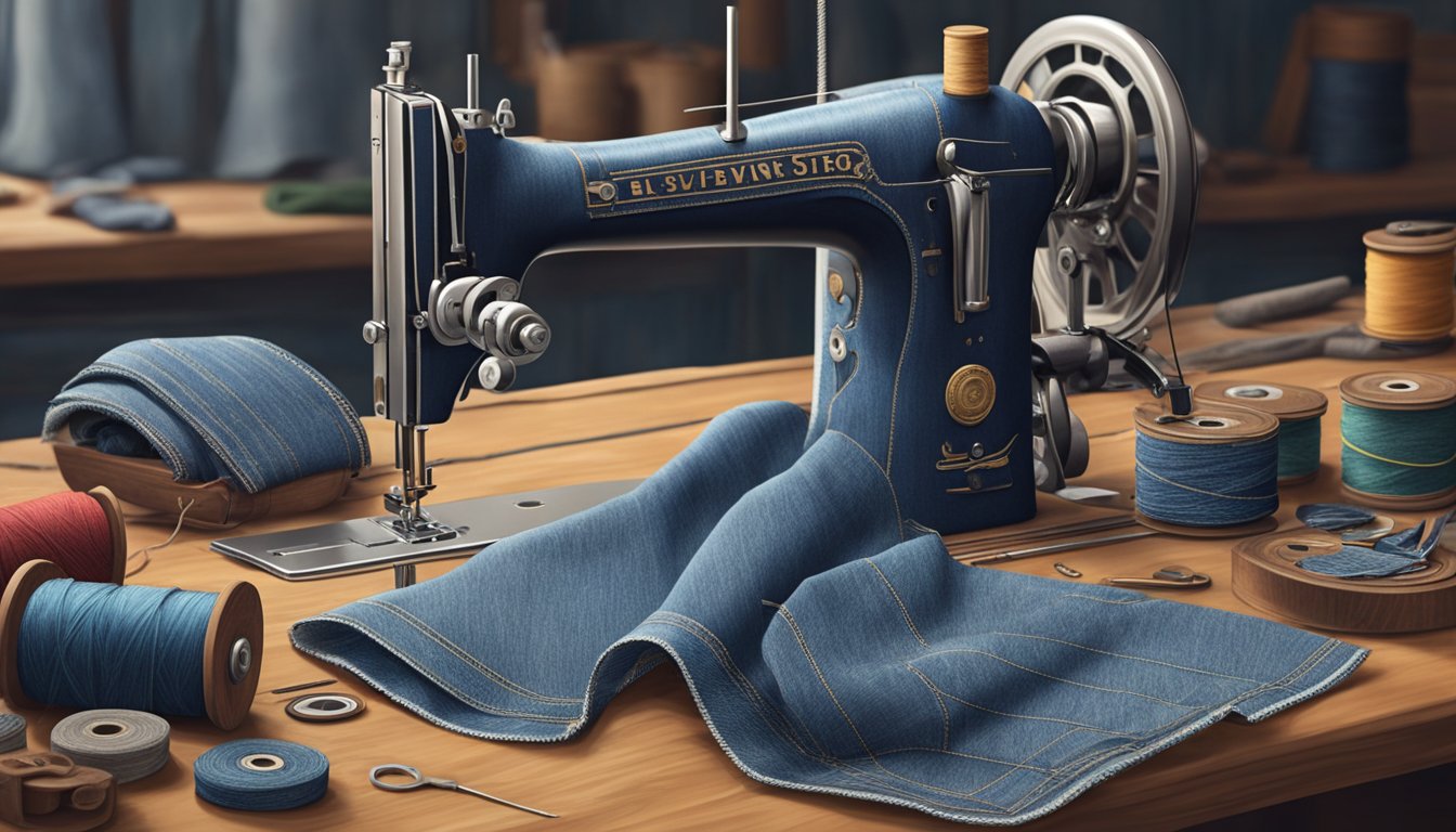 A vintage sewing machine stitches selvedge denim, while raw denim rolls await finishing touches. Vintage denim patches and spools of thread adorn the workbench