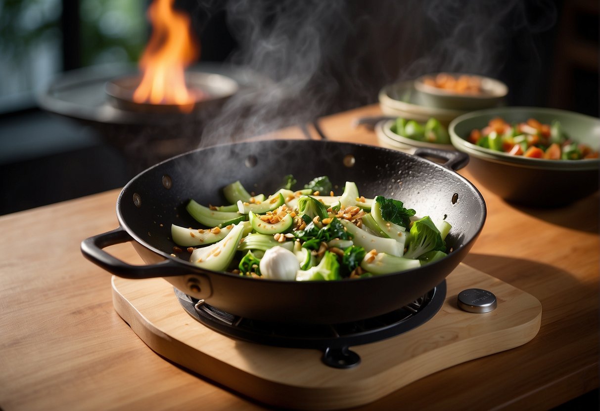 A wok sizzles as garlic is sautéed with Chinese bok choy. A recipe book sits open, with "Frequently Asked Questions" written on the page