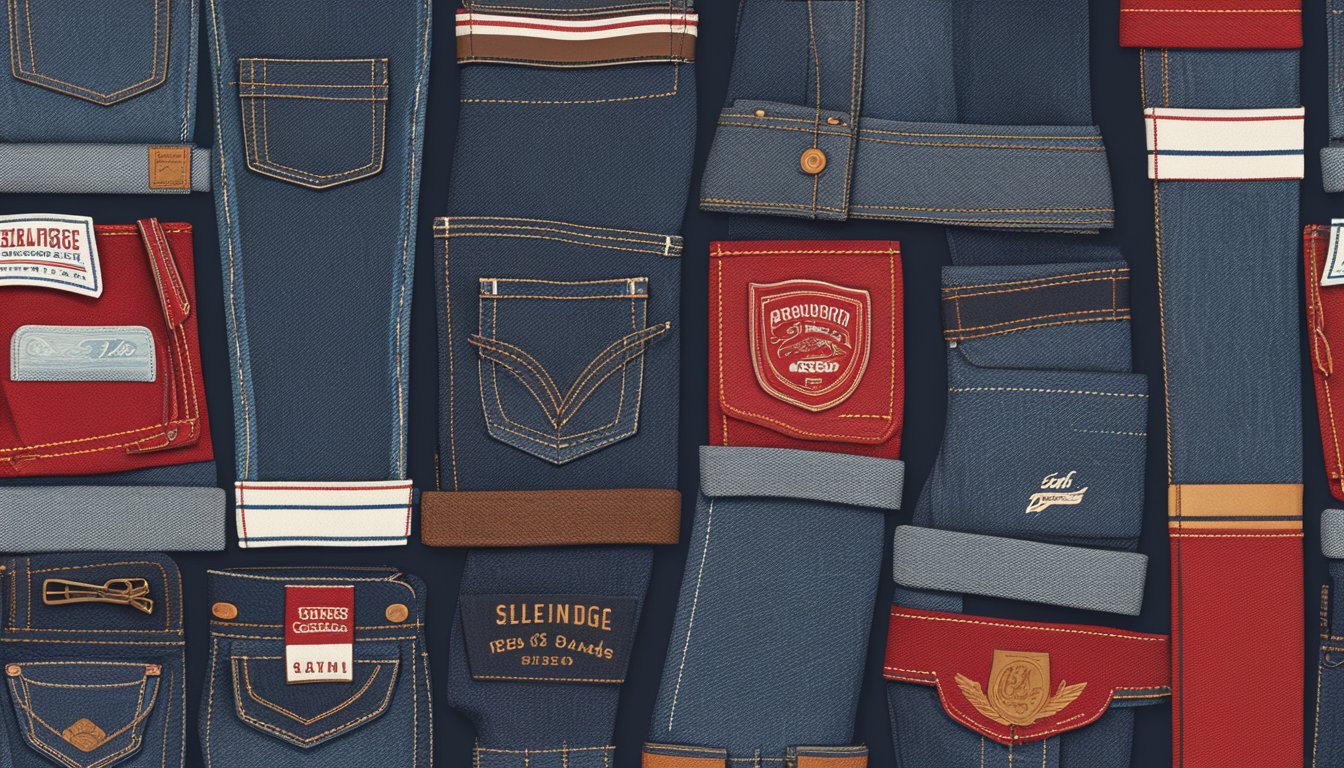 A display of iconic selvedge denim brands, showcasing their unique features and detailing such as red selvedge edges, vintage-inspired logos, and distinctive stitching patterns