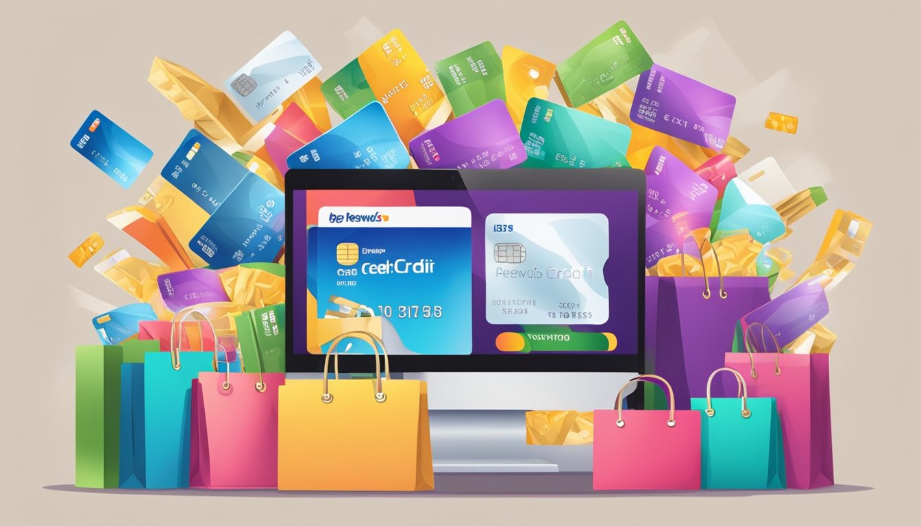 A colorful display of credit cards with shopping-related images, surrounded by shopping bags and gift boxes. The cards are labeled with "Top Rewards Credit Cards" and "Best Rewards Credit Cards in Singapore."