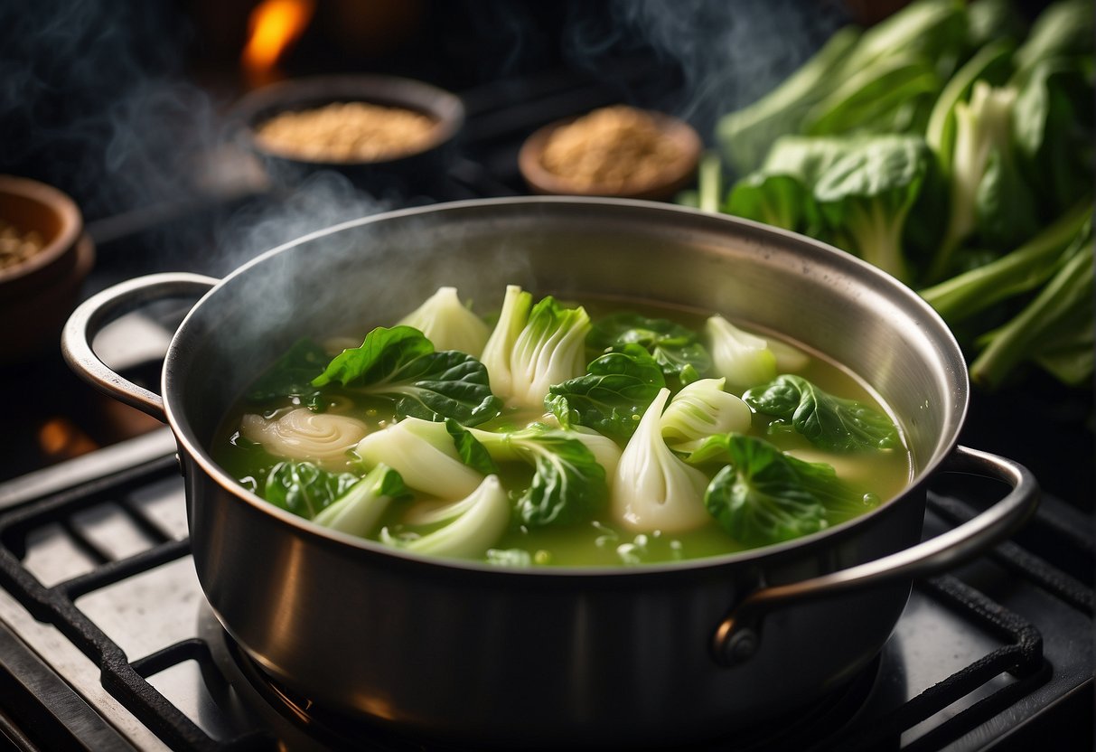 A steaming pot of bok choy soup simmers on a stove, surrounded by aromatic spices and herbs. Steam rises from the pot, infusing the air with the enticing scent of Chinese flavors