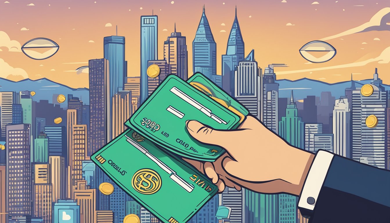 A hand holding multiple credit cards with reward symbols, surrounded by dollar signs and a city skyline in the background