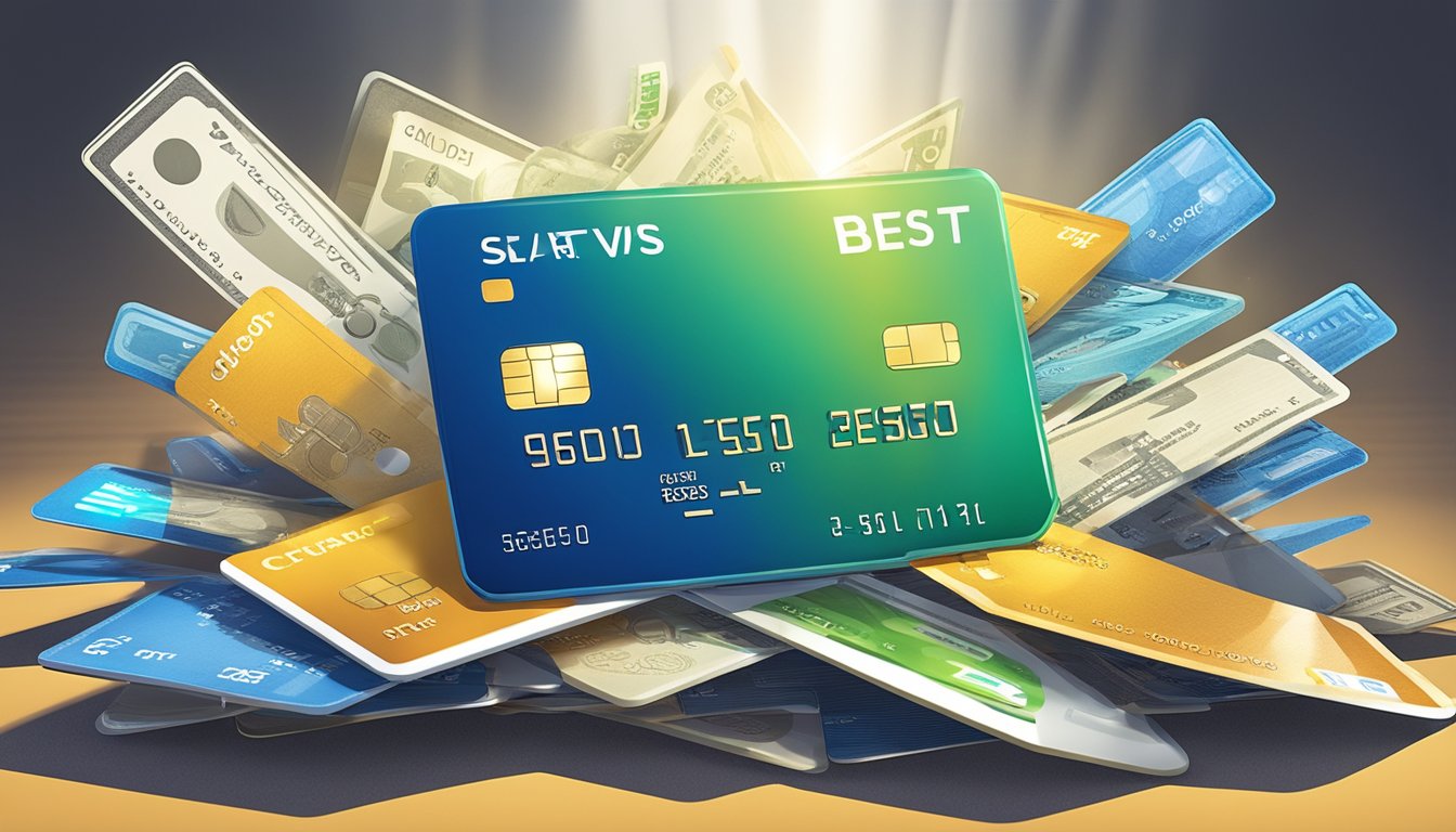 A credit card surrounded by various fees and charges with a spotlight shining on it, while other cards are in the background with a "Best Rewards" label