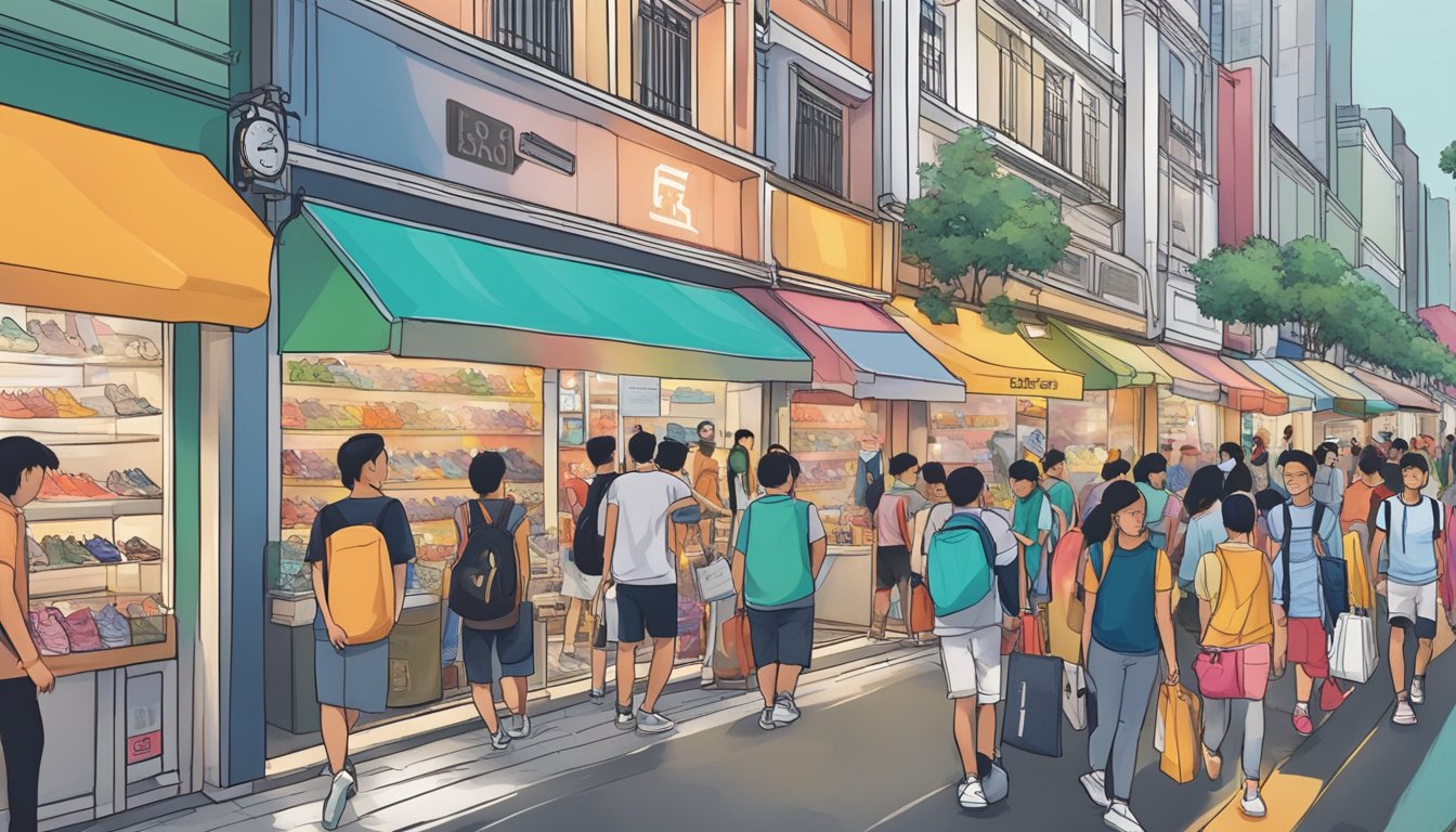A bustling street in Singapore, with colorful storefronts displaying various sneaker brands. Shoppers browse through the latest styles, while vendors showcase their merchandise
